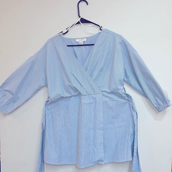 Motherhood Maternity | Blue & white striped V-neck tunic top w/sash | Si… - Picture 4 of 8